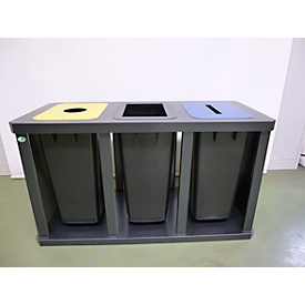 Poubelles pour tri sélectif Tetris VAR, station de 3 collecteurs, avec conteneurs en plastiques, acier