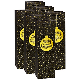 Premium "Kerstmis" flessendraagtas, zwart met glanzende goudfoliedruk, kraftpapier 200 g/m², plastic koord, set van 6, B 120 x D 80 x H 380 mm