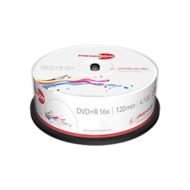 PRIMEON DVD+R, bedrukbaar, tot 16-voudig, 4,7 GB/120 min, spindel met 25 stuks