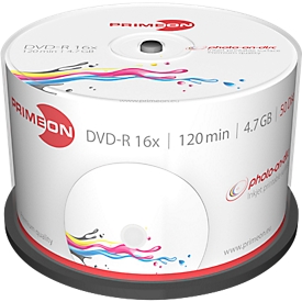 PRIMEON DVD-R, bedrukbaar, tot 16-voudig, 4,7 GB/120 min, spindel met 50 stuks