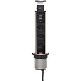 Prise multiple de table brennenstuhl® Tower Power, pour montage fixe, escamotable, 3x, avec interrupteur, IP20, longueur de câble 2 m, aluminium, noir