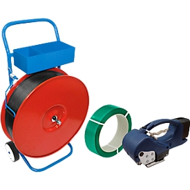 Professional strapping set, with painted dispenser, battery-powered strapping tool BW-ECO-Plus &amp; KU polyester strap, L 2000 m x W 15.5 mm, thickness 0.65 mm, embossed, green