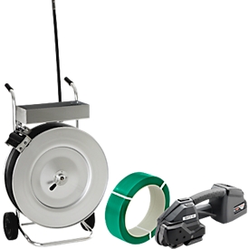 Professionele omsnoeringsset, met volbad verzinkte dispenser, snoerloos omsnoeringsapparaat BXT3-19 &amp; KU polyesterband, L 1200 m x B 18,5 mm, dikte 0,85 mm, reliëf, groen