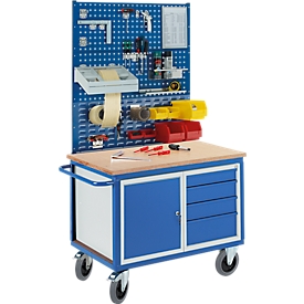 Profi workbench on castors, 1 cupboard, 4 drawers, 2 perforated modular panels, 1 grooved modular panel