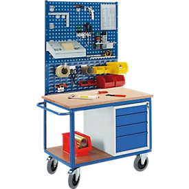 Profi workbench on castors with 4 drawers, 2 modular perforated panels, 1 modular slotted panel, 1250 x 700 x 1990 mm