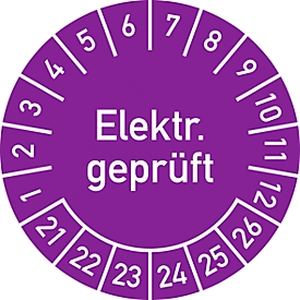 Prüfplakette "Elektr. geprüft.", 2021-2026, 100 St. à Ø 30 mm, Folie, violett