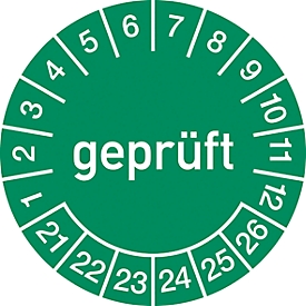 Prüfplakette "Geprüft", 2021-2026, 100 St. à Ø 15 mm, Folie, grün