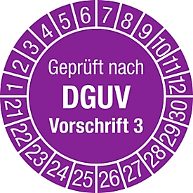Prüfplakette „Geprüft nach DGUV Vorschrift 3", 2021-2030, 100 St. à Ø 30 mm, Folie, violett