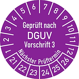 Prüfplakette „Geprüft nach DGUV Vorschrift 3 – Nächster Prüftermin“, 2021-2026, 100 St. à Ø 30 mm, violett