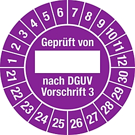 Prüfplakette „Geprüft von - nach DEGUV Vorschrift 3“, 2021-2030, 100 St. à Ø 30 mm, Folie, violett