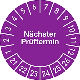 Prüfplakette "Nächster Prüftermin", 2021-2026, 100 St. à Ø 20 mm, Folie, violett