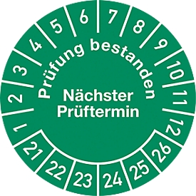Prüfplakette „Prüfung bestanden – Nächster Prüftermin", 2021-2026, 100 St. à Ø 30 mm, Folie, grün