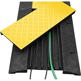 Puente para cables, 5 conductos para cables, con cubierta desmontable y 4 reflectores, capacidad de carga de hasta 25 toneladas, material reciclado, negro/amarillo