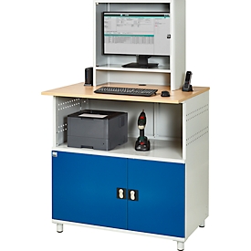 Puesto de ordenador tipo 1023, compartimento para monitor de hasta 26", compartimento de almacenamiento, encimera, armario base, hasta 200 kg, ancho 1100 x fondo 790 x alto 1840 mm, acero/madera, estacionario