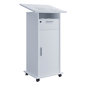 Pupitre Melta, mobile, réglable en hauteur/inclinable, 1 compartiment ouvert, 1 tiroir verrouillable, 2 compartiments avec porte, L 600 x P 500 x H 1090-1200 mm, bois, blanc