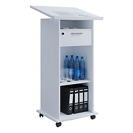 Pupitre Melta, mobile, réglable en hauteur/inclinable, 3 compartiments ouverts & 1 tiroir verrouillable, L 600 x P 500 x H 1090-1200 mm, bois, blanc