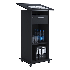 Pupitre Melta, mobile, réglable en hauteur/inclinable, 3 compartiments ouverts &amp; 1 tiroir verrouillable, L 600 x P 500 x H 1090-1200 mm, bois, noir