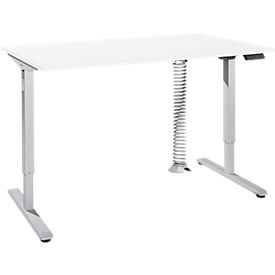 Pupitre, regulable eléctricamente en altura, rectangular, pie en T, ancho 1600 x fondo 800 x alto 755-1255 mm, aluminio blanco/blanco + panel de control con memoria, espiral de cables