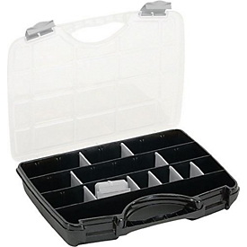 Raaco universele koffer Assorter A 47, met 21 losse verdelers, B 460 x D 350 x H 81 mm, gemaakt van polycarbonaat/polypropeen, transparant/zwart