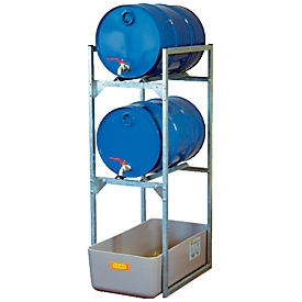 Rack for barrels type 120 variant 1 CEMO, with collecting tray and barrel support, 2 barrels of 60 l, L 450 x W 820 x H 1310 mm