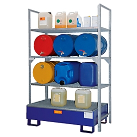 Rack for barrels type 540 CEMO, with steel collecting tray and support for barrels, weight 137 kg, L 1320 x W 800 x H 2000 mm