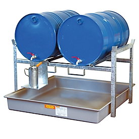 Rack for barrels type 800 variant 1 CEMO, with barrel support and collecting tray, for 2 barrels of 200 l, W 1410 x H 840 x D 1280 mm