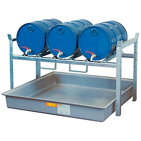 Rack for barrels type 800 variant 5 CEMO, with barrel support and collecting tray, for 3 x 60 l barrels, L 1410 x W 1280 x H 840 mm