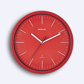Radiogestuurde wandklok Maul MAULjump, rond, voor binnengebruik, minuten- &amp; uureenheid, ∅ 305 mm, kunststof &amp; mineraalglas, rood-wit, incl. batterij