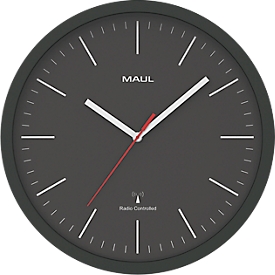 Radiogestuurde wandklok Maul MAULjump, rond, voor binnengebruik, minuten- &amp; uureenheid, ∅ 305 mm, kunststof &amp; mineraalglas, zwart &amp; wit, incl. batterij