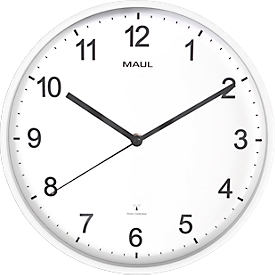 Radiogestuurde wandklok Maul MAULsprint, rond, voor binnengebruik, Arabische cijfers, minuten &amp; uureenheid, ∅ 305 mm, kunststof &amp; mineraalglas, wit-wit-zwart, incl. batterij