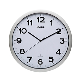 Radiogestuurde wandklok Maul MAULstep, zilver, voor binnengebruik, zwarte Arabische cijfers, automatische tijdsverandering, rond, Ø 350 mm, kunststof &amp; glas, met batterij