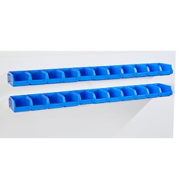 Rails de suspension, lot de 2, avec 22 bacs à bec SSI Schäfer série PROFI LF 211, matériel de fixation inclus, L 1135 x l 68 x P 2 mm, tôle d'acier galvanisée
