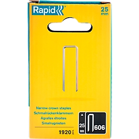 Rapid narrow back staples type 606, 25 mm leg length, precision cut, galvanized, 1920 pieces