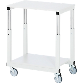 Rau Chariot à plateaux Série E, 2 plateaux, plateaux mélaminés, châssis en tube d'acier, 4 roulettes pivotantes TPE, L 700 x P 500 x H 650-1000 mm, jusqu'à 450 kg, gris clair