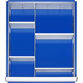 Rau Einteilungsset für Schubladen Größe L, Stahlblech, B 490 x T 560 x H 47 mm, Fronthöhen 60–90 mm, einsetzbar bis 120–360 mm, silber
