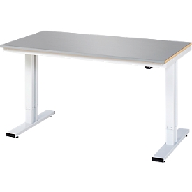Rau établi Adlatus, réglage électrique de la hauteur, plateau MDF 25 mm avec revêtement inox, jusqu'à 300 kg, L 1500 x P 800 x H 720-1120 mm, argent/gris clair