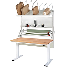 Rau Packtischsystem 05 Werktisch-Serie adlatus 300, B 1500 x T 800 x H 720-1120 mm, Buche-Massivholzplatte, bis 300 kg