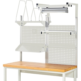 Rau systeemopbouw complete set 06, breedte 1500 mm, 4 systeemdragers, 3 geperforeerde panelen, metalen legbord, houderrail, kartonnen doosmagazijn, lichtgrijs/lichtgrijs