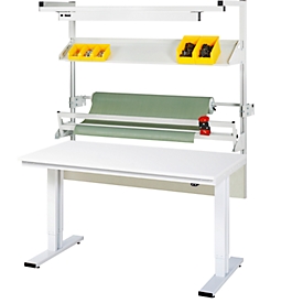 Rau Système de tables d'emballage 02 Série de tables d'atelier adlatus 300, L 1500 x P 800 x H 720-1120 mm, plateau en mélamine, jusqu'à 300 kg