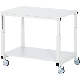 Rau Tischwagen Serie E, 2 Etagen, Melaminplatten, Stahlrohr-Gestell, 4 TPE-Lenkrollen, B 1000 x T 700 x H 650-1000 mm, bis 450 kg, lichtgrau
