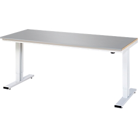 Rau werktafel Adlatus, elektrisch in hoogte verstelbaar, 25 mm MDF-plaat met roestvrijstalen coating, tot 300 kg, B 2000 x D 800 x H 720-1120 mm, zilver/lichtgrijs