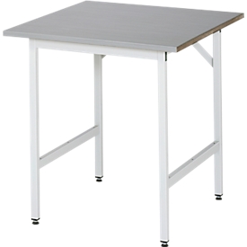Rau werktafel Jerry, handmatig in hoogte verstelbaar, 25 mm MDF blad met roestvrij stalen bekleding, tot 300 kg, B 750 x D 800 x H 800-850 mm, zilver/lichtgrijs