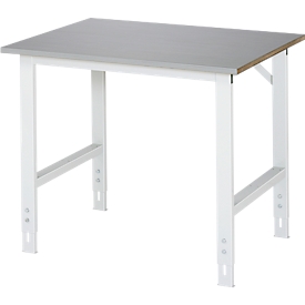 Rau werktafel Tom, handmatig in hoogte verstelbaar, 25 mm MDF blad met roestvrij stalen bekleding, tot 500 kg, B 1000 x D 800 x H 760-1080 mm, zilver/lichtgrijs