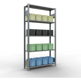 Rayonnage à emboîter MULTIplus150 - utilisable des 2 côtés - module de base - l. 1000 x P 300 x H 2000 mm - 5 étagères - capacité de charge par étagère 150 kg - renforcé par des traverses de longueur - acier - galvanisé