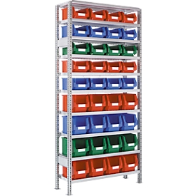 Rayonnage à emboîter R 3000, l. 1055 x P 400 x H 2278 mm, 1 rayonnage de base, 10 étagères et 36 bacs à bec en polyéthylène