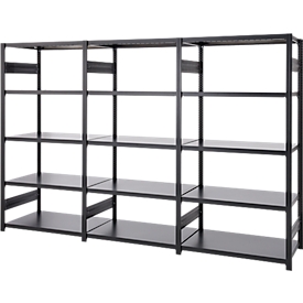Rayonnage emboîtable ORDO Business - acier - 1 élément de base + 2 éléments d'extension – modulaire – charge admissible 1200 kg - l. 2330 x P 435 x H 2000 mm - avec 15 tablettes –  noir profond RAL 9005