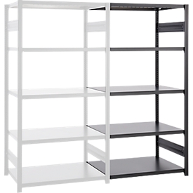 Rayonnage emboîtable ORDO Business - acier - élément d'extension – modulaire – charge admissible 1200 kg - l. 760 x P 435 x H 2000 mm - avec 5 tablettes – noir profond mat RAL 9005