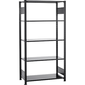 Rayonnage emboîtable Schulte Lagertechnik MULTIplus 150, rayonnage de base avec traverses de longueur, 5 tablettes réglables en hauteur, jusqu'à 1300 kg, L 1000 x P 500 x H 2000 mm acier, noir