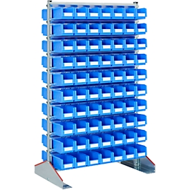 Rayonnage pour bacs à bec à deux côtés, l. 1130 x P 700 x H 1885 mm, 140 x 3 L, bleu