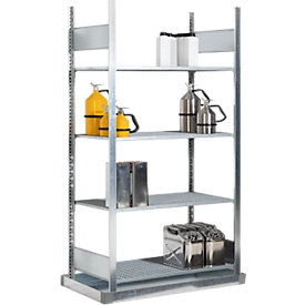 Rayonnage pour produits dangereux asecos REG-B 1054, L 1456 x P 526 x H 2000 mm, avec bac de rétention au sol de 32 l et 4 étagères grillagées en acier